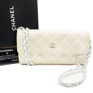 Authentic CHANEL CC Classic Timeless Caviar Flap Wallet on Chain Purse White Bag